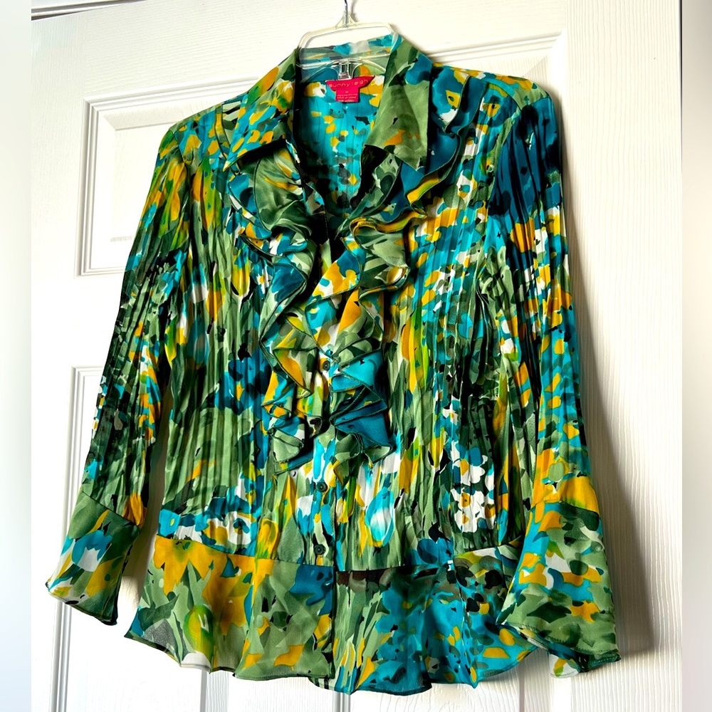 New without tags. Sunny Leigh Ruffle, 3/4 Sleeve, Green multi-colored Blouse.